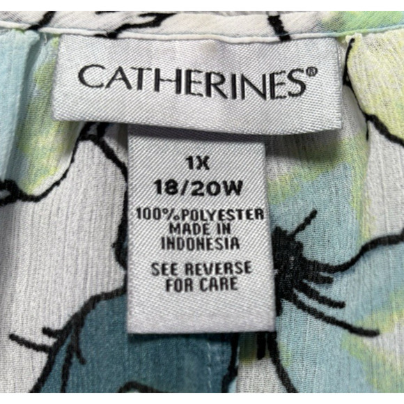 Catherines Top Women 1X Blue White Floral Short Sleeve Popover Lightweight Sheer - Picture 5 of 11